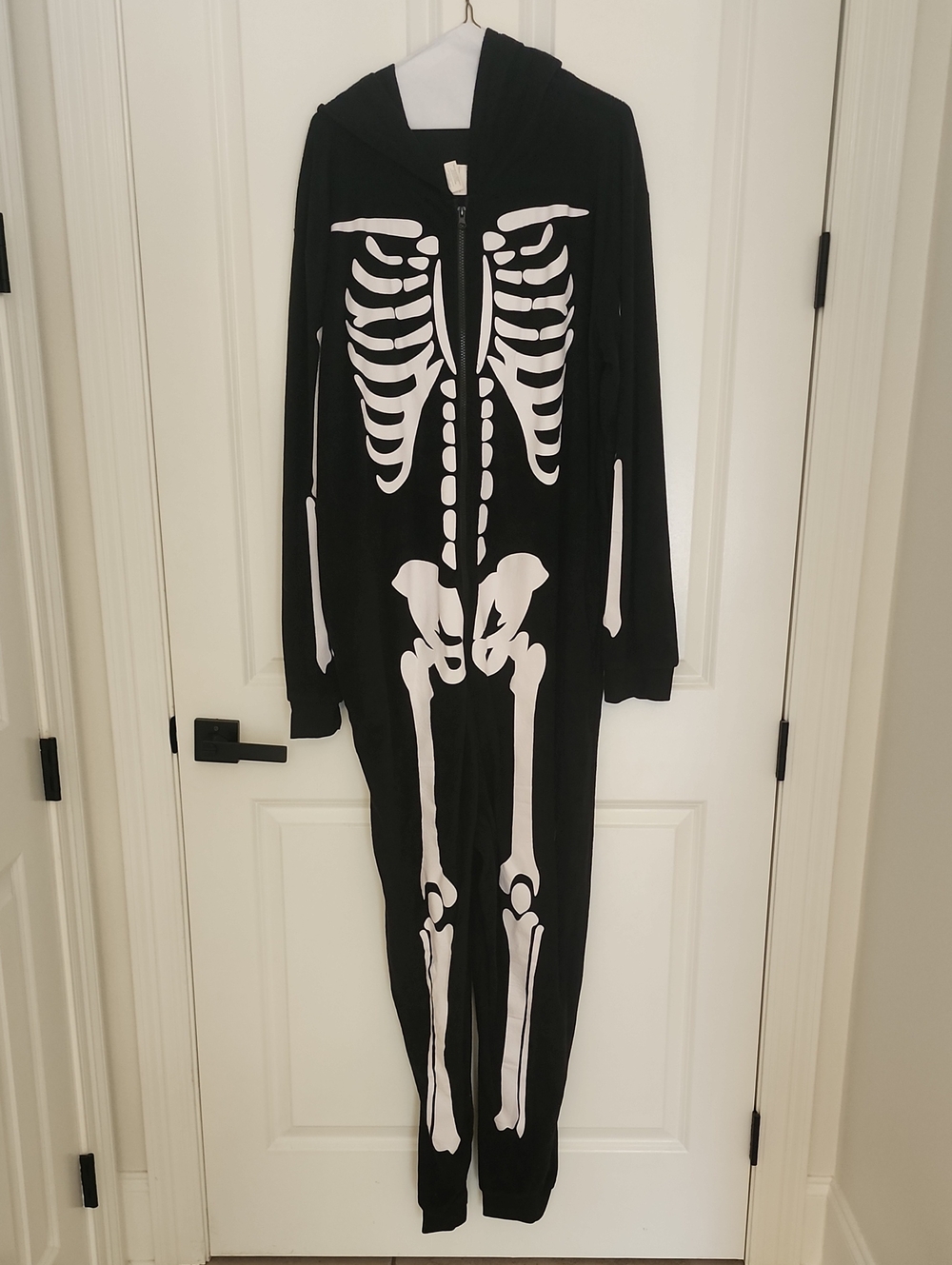Black Hooded Skeleton Jumpsuit Onesie for Men - White Bone Print